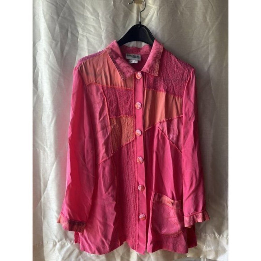 Vintage Nancy Bolen Pink Patchwork‎ Blouse Womens Textured Button Front Artsy